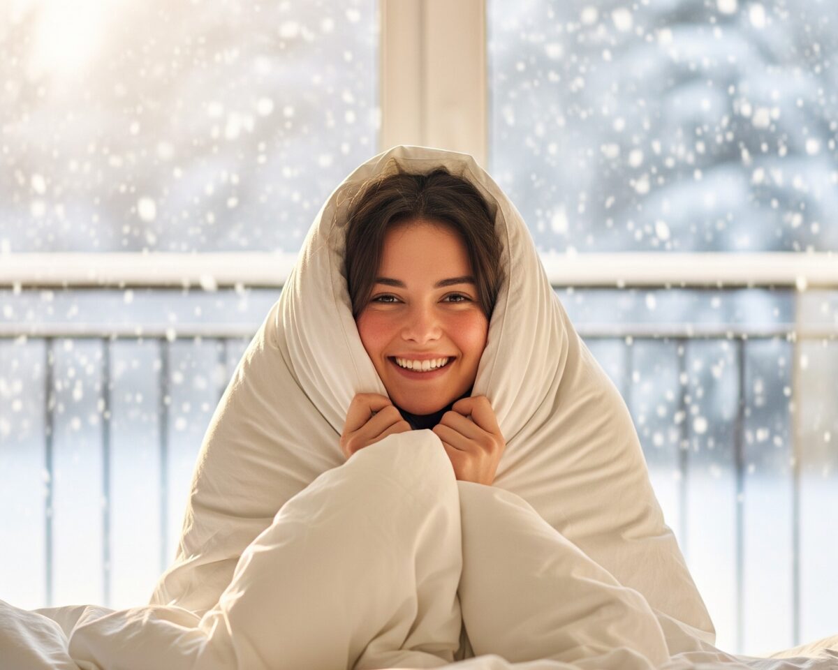 une femme sous une couette d'hiver