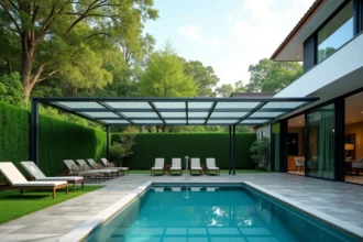 Abri de piscine en verre et aluminium installé sur une piscine rectangulaire dans un jardin verdoyant