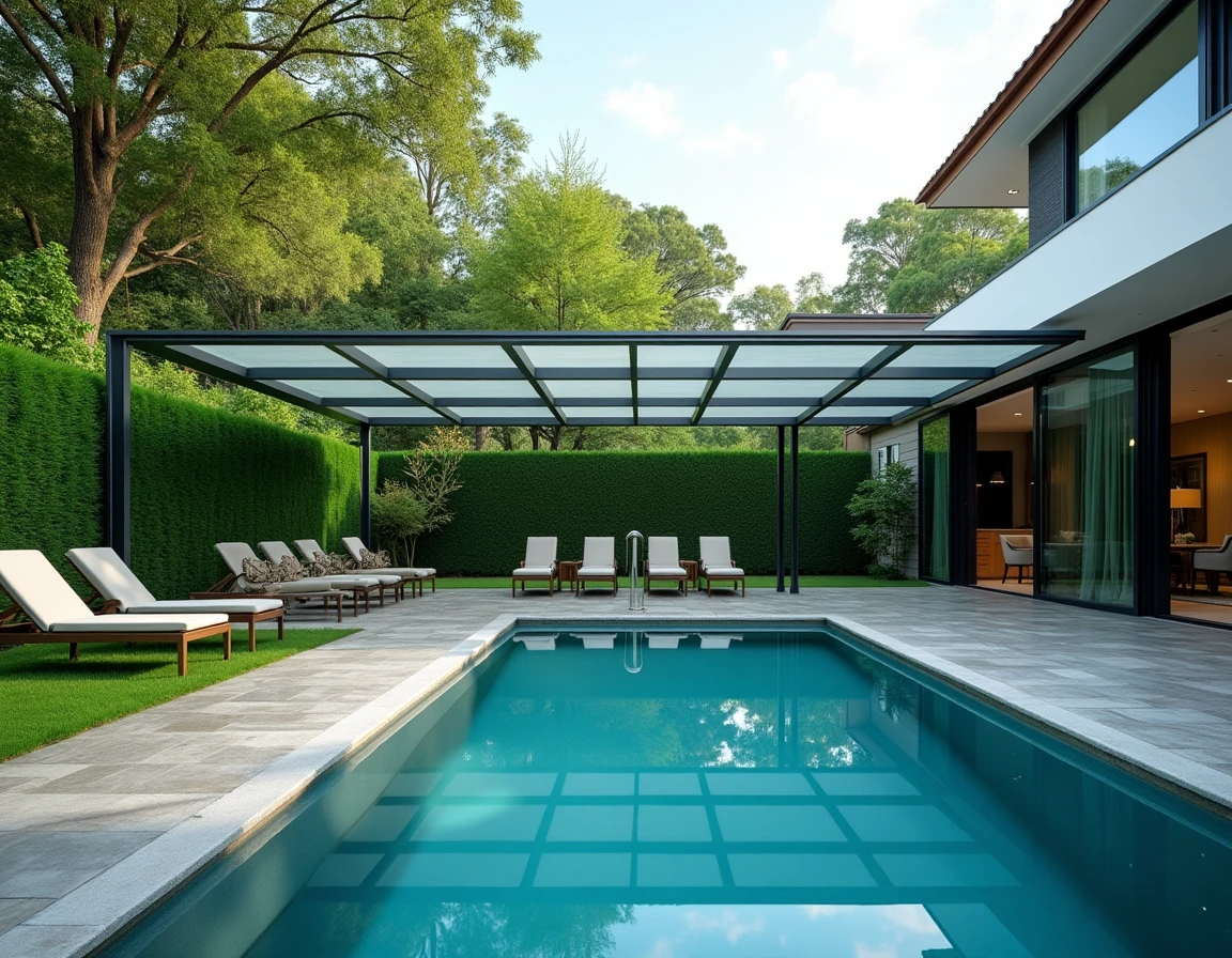 Abri de piscine en verre et aluminium installé sur une piscine rectangulaire dans un jardin verdoyant