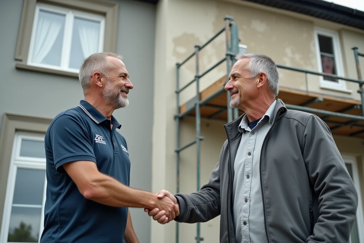 Artisan et propriétaire se serrant la main devant une maison en rénovation extérieure avec échafaudage