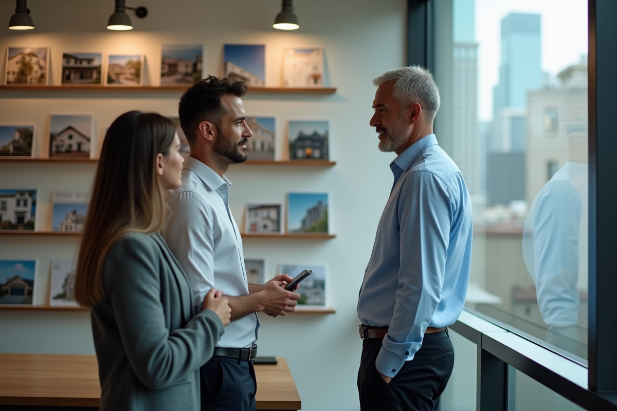 Agent immobilier discutant avec un couple dans un bureau moderne