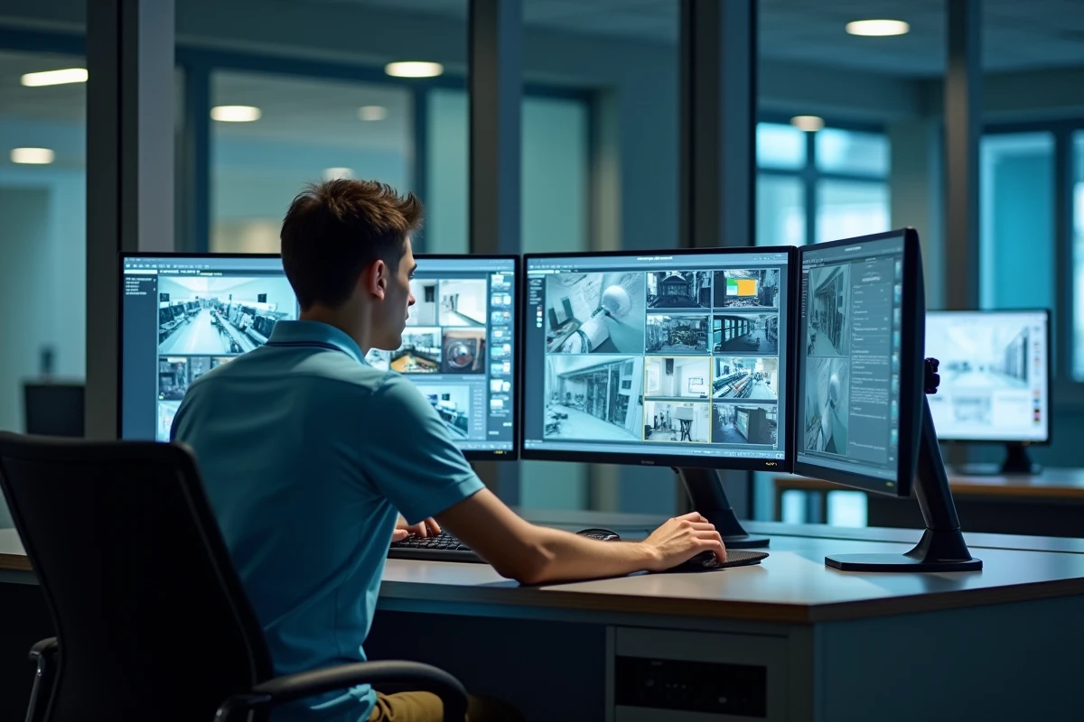 Jeune professionnel de la sécurité contrôlant la surveillance