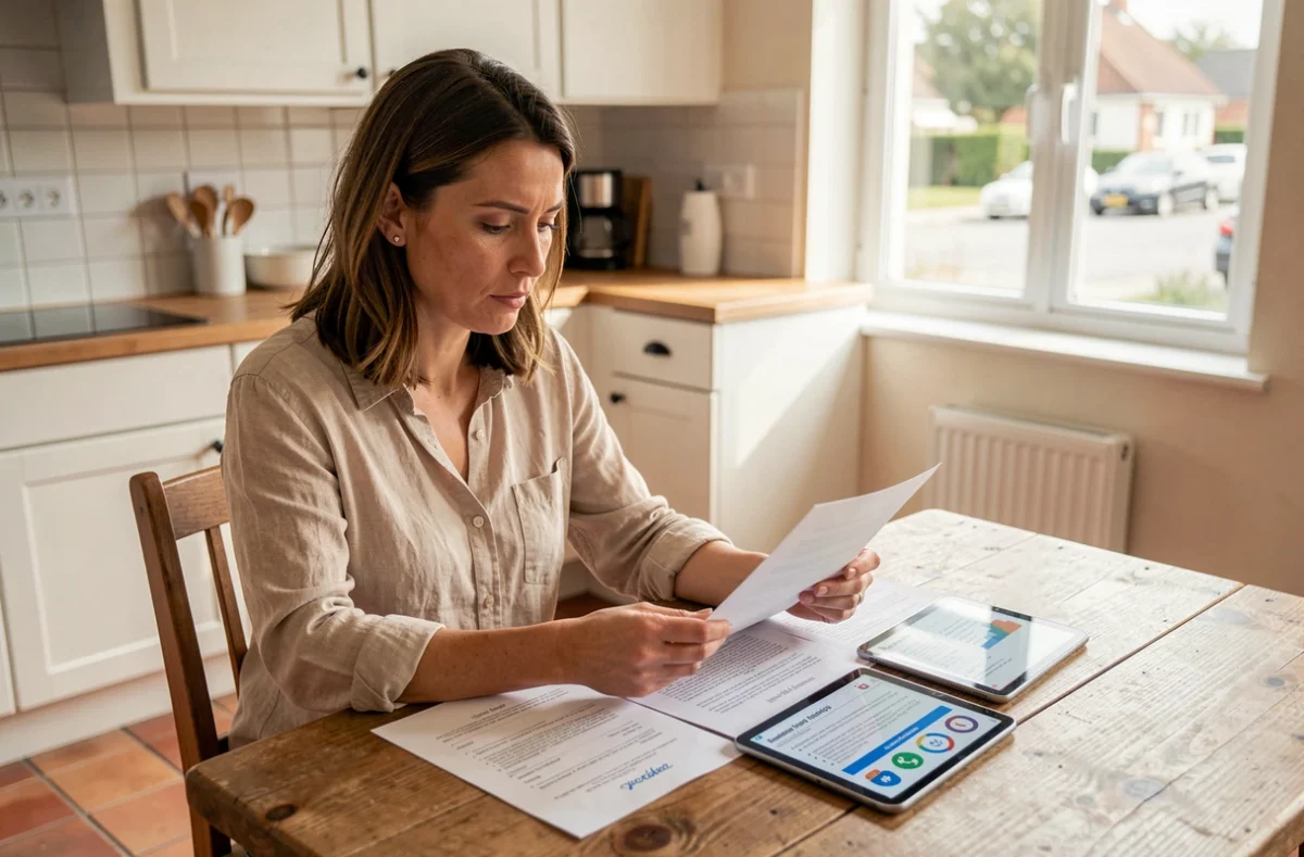 Femme consultant les documents d'aide financière pour l'installation d'une pompe à chaleur