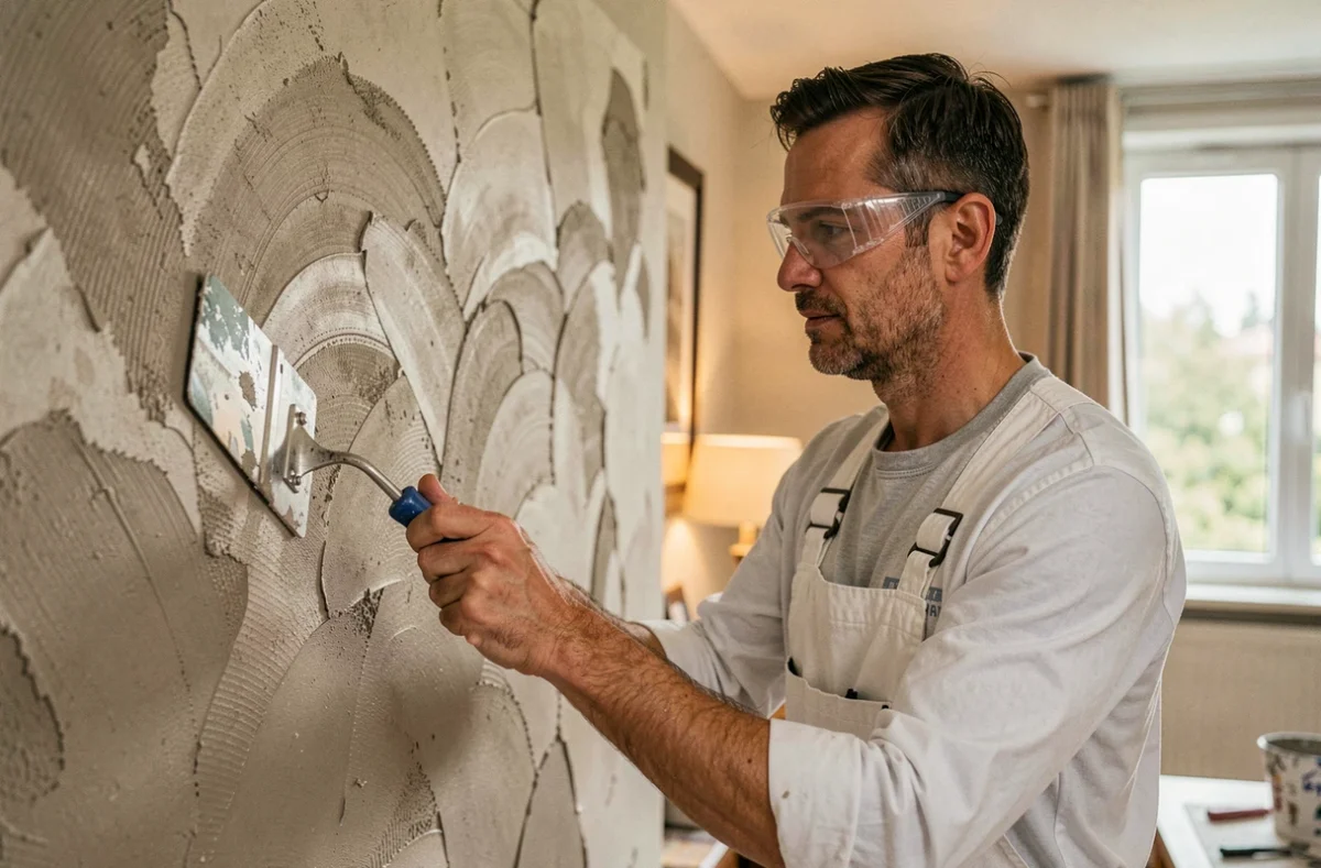 Spécialiste d'Alibert Renovation appliquant un enduit décoratif sur un mur d'un appartement haut de gamme en banlieue parisienne
