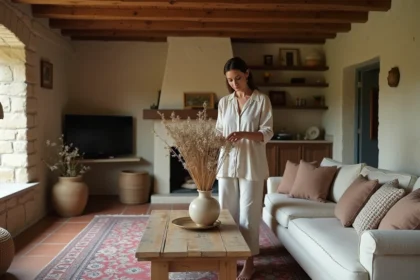 Femme arrangeant des fleurs séchées dans un salon de chaumière française décoré avec style et praticité, murs en pierre et poutres apparentes