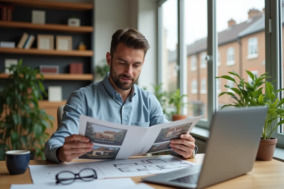 Homme analysant un dossier de vente immobilière avec plans et descriptions de villa dans un bureau moderne