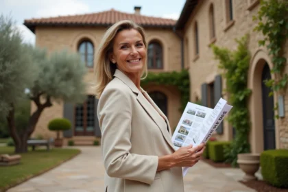 Femme tenant des annonces immobilières devant une villa traditionnelle en pierre avec toit en tuiles et jardin méditerranéen