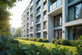 Immeuble moderne lumineux avec lignes épurées et fenêtres larges