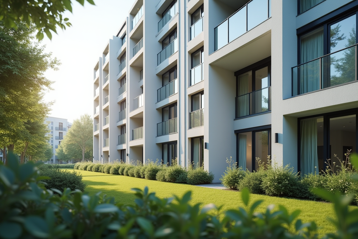 Immeuble moderne lumineux avec lignes épurées et fenêtres larges