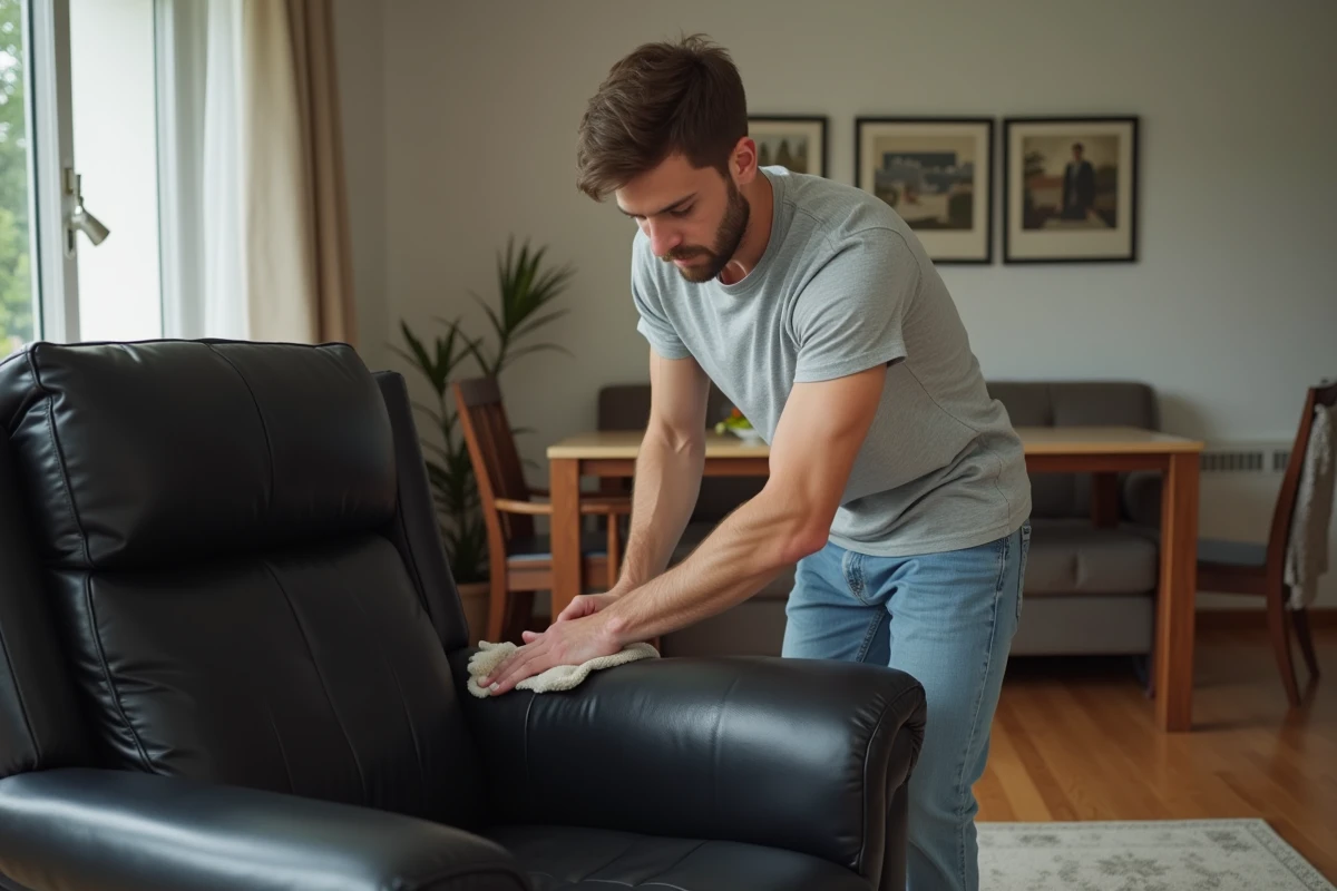 Jeune homme appliquant un conditionneur sur un fauteuil en cuir