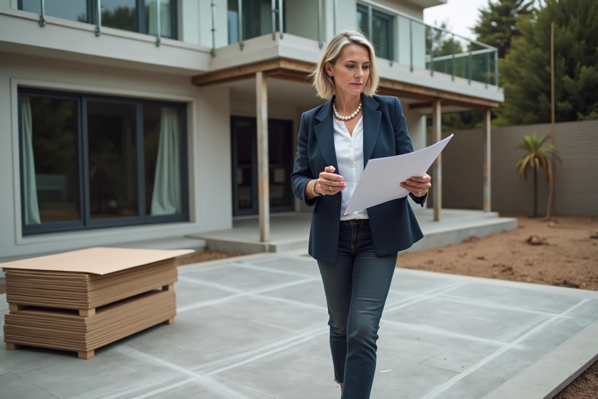 Architecte féminine étudiant les plans de pose de carrelage extérieur sur un chantier de terrasse en cours