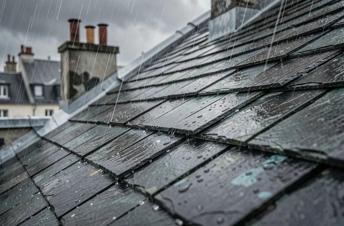 Détail d'une toiture en ardoises 32x22 sous une pluie battante avec ruissellement visible sur la pente