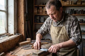 Artisan affûtant un couteau à la main dans son atelier rustique