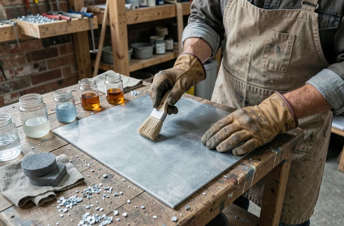 Artisan appliquant une patine chimique sur une feuille de zinc dans un atelier avec pinceau et solutions naturelles