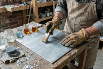Artisan appliquant une patine chimique sur une feuille de zinc dans un atelier avec pinceau et solutions naturelles