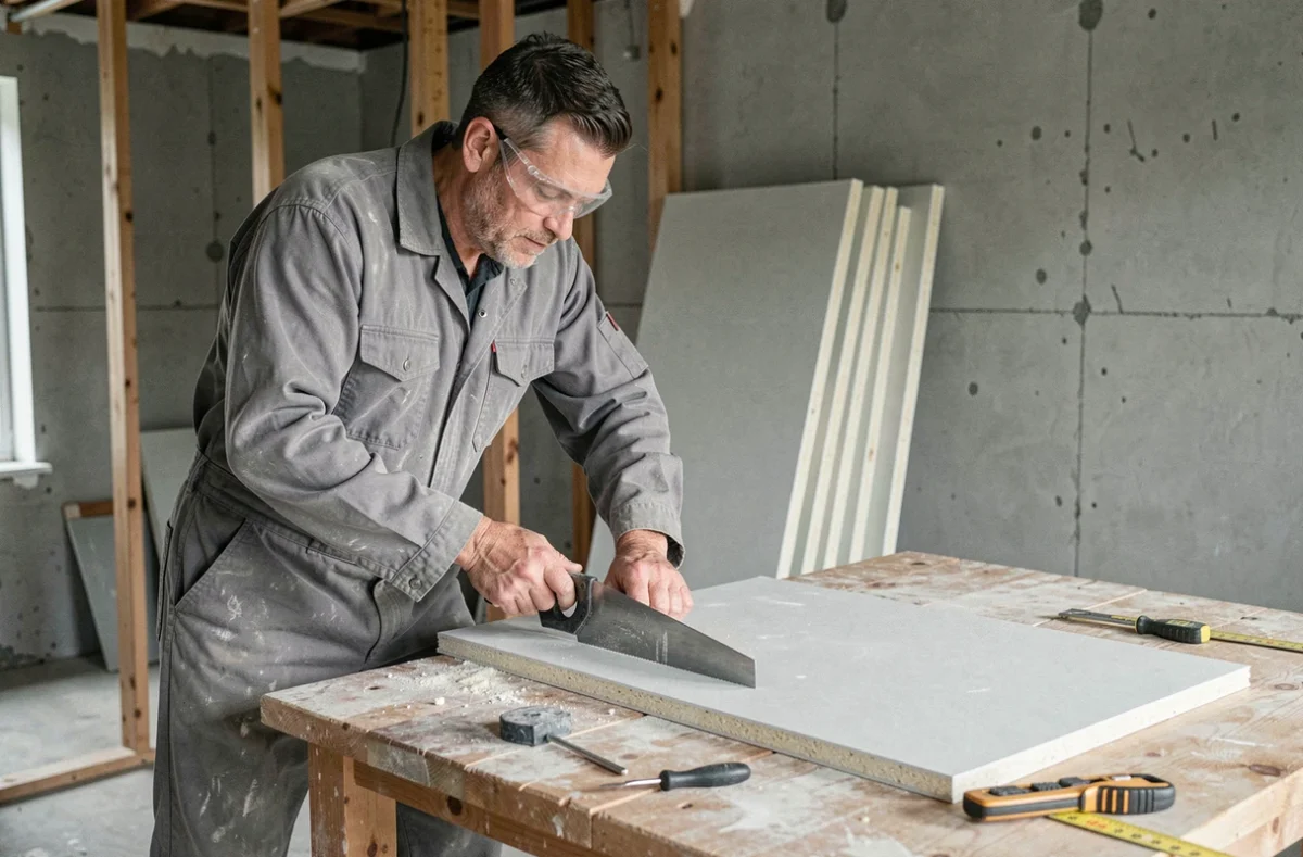 Artisan coupant un panneau de placo isolé dans une pièce en cours de rénovation