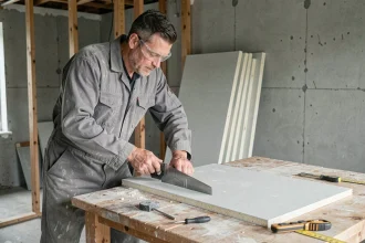 Artisan coupant un panneau de placo isolé dans une pièce en cours de rénovation