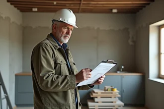 Artisan en veste de travail consultant un devis travaux sur un chantier de rénovation intérieure