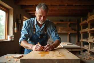 Artisan appliquant de l'huile de lin sur un bois de chêne ancien
