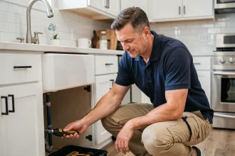Artisan plombier local inspectant la plomberie sous un évier de cuisine moderne lors d'une intervention à domicile