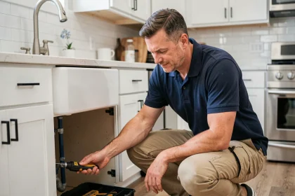 Artisan plombier local inspectant la plomberie sous un évier de cuisine moderne lors d'une intervention à domicile