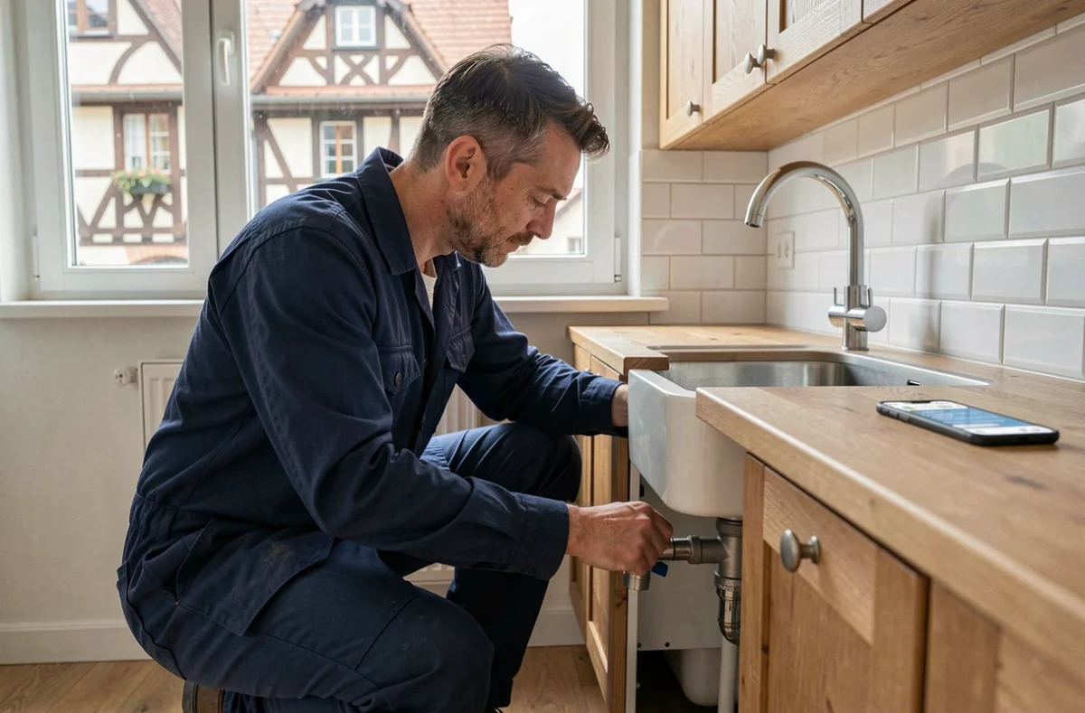Artisan plombier professionnel inspectant une canalisation dans un appartement moderne de Strasbourg avec une application de mise en relation sur smartphone