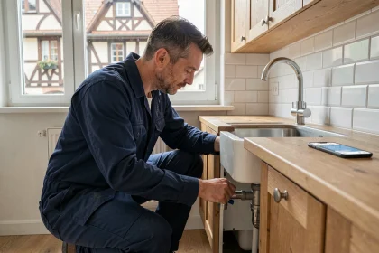 Artisan plombier professionnel inspectant une canalisation dans un appartement moderne de Strasbourg avec une application de mise en relation sur smartphone
