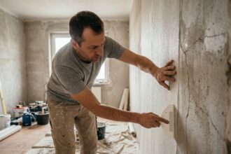 Artisan appliquant de la toile de verre sur un mur fissuré lors d'une rénovation intérieure