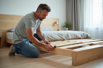Homme en jeans assemble un lit en bois dans une chambre lumineuse
