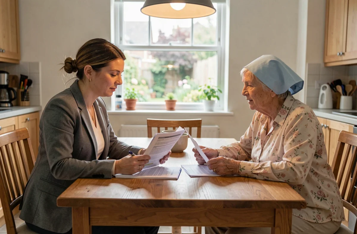 Assistante sociale expliquant les aides financières pour l'aide ménagère à une patiente atteinte de cancer