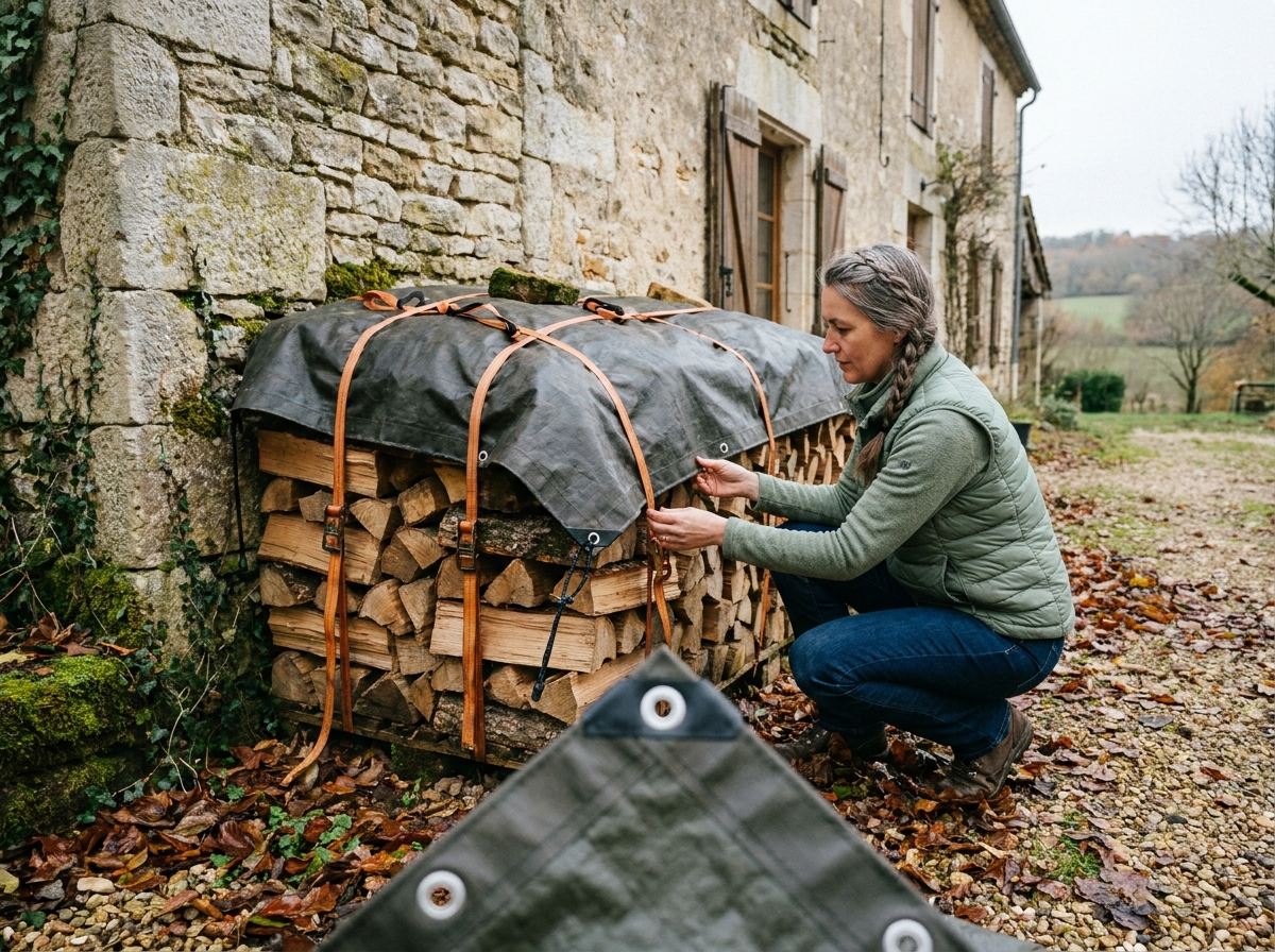 Femme fixant une bâche sur mesure imperméable sur un tas de bois contre un mur en pierre de ferme