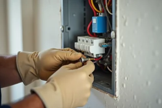 Électricien connectant un bouton poussoir Legrand sur un télérupteur dans un tableau électrique résidentiel