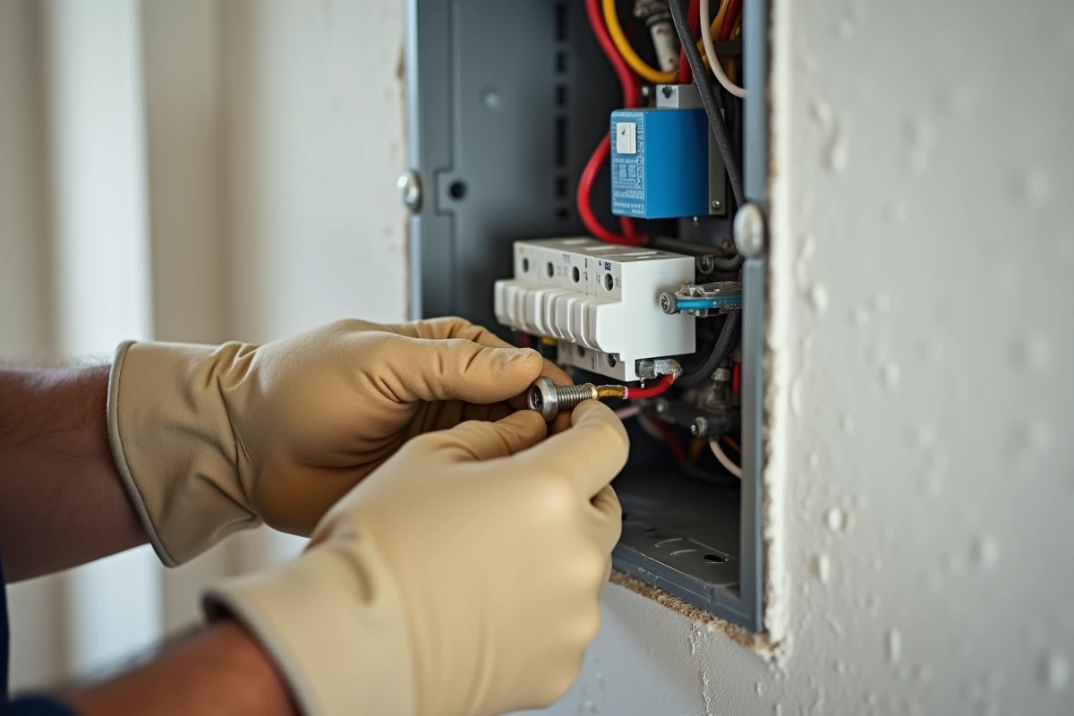 Électricien connectant un bouton poussoir Legrand sur un télérupteur dans un tableau électrique résidentiel