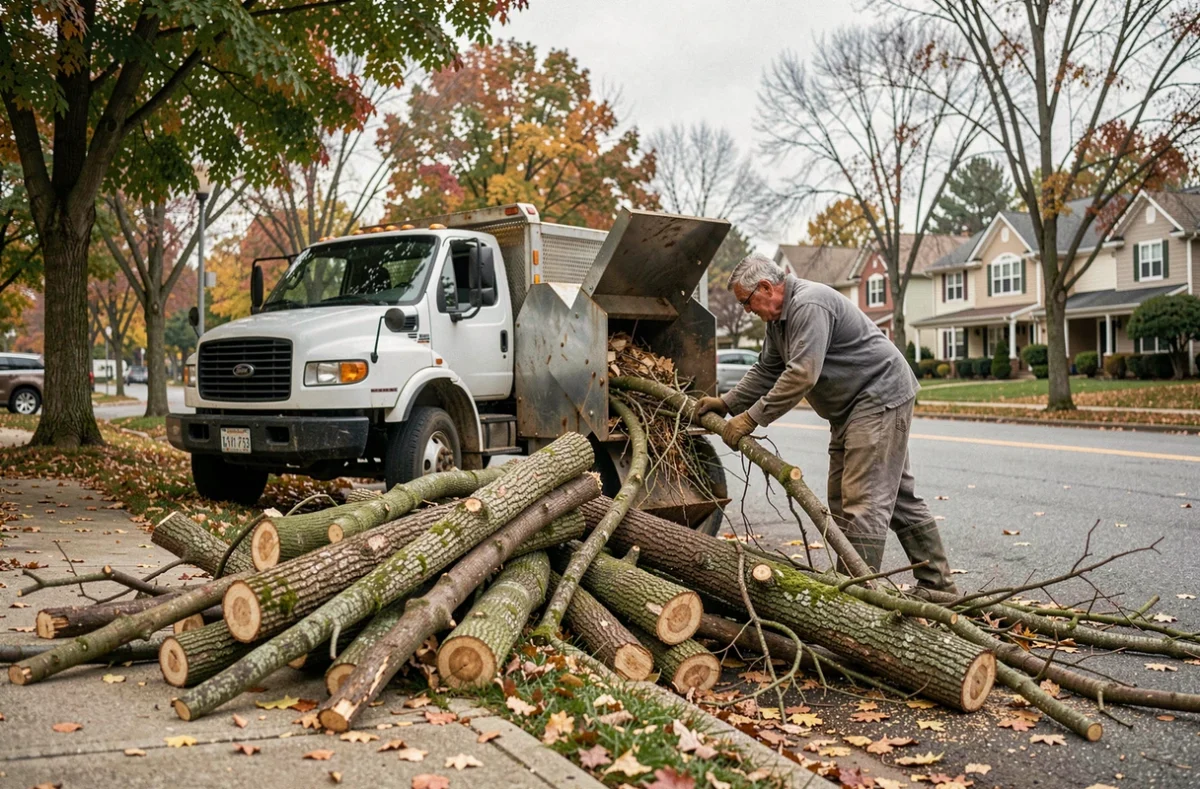 Ouvrier chargeant des branches coupées dans un broyeur de végétaux après élagage d'arbres en bord de trottoir