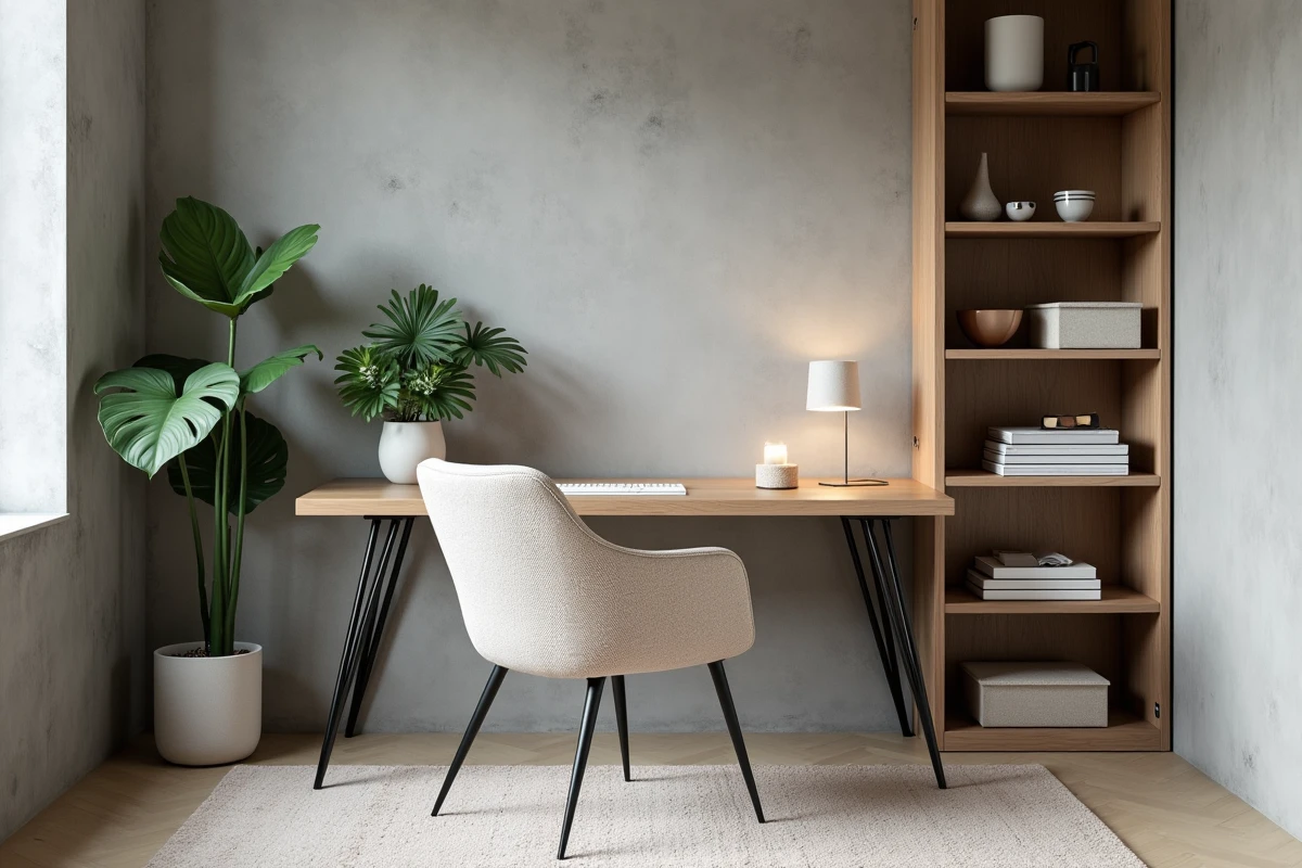 Bureau à domicile moderne avec bureau en bois et chaise en bouclé beige, style contemporain inspiré du mobilier Sklum