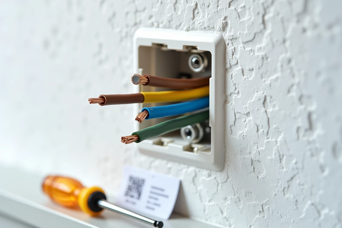 Gros plan sur une prise électrique ouverte montrant le câblage des fils neutre, phase et terre avec leurs bornes
