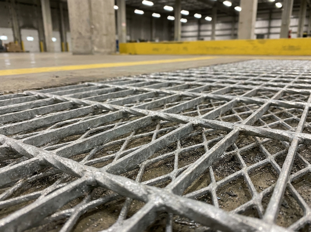 Détail de caillebotis métallique galvanisé à chaud sur sol industriel, structure maillée en acier avec revêtement zinc visible
