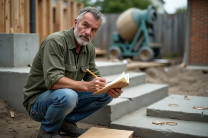 Bricoleur mesurant les dimensions d'un escalier en béton en construction dans un jardin résidentiel