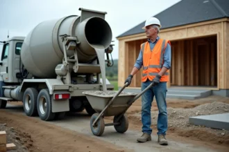Camion toupie béton en train de déverser du béton frais sur un chantier de maison individuelle