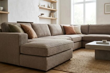 Canapé d'angle en bouclé taupe dans un salon scandinave avec parquet chêne et table basse en béton