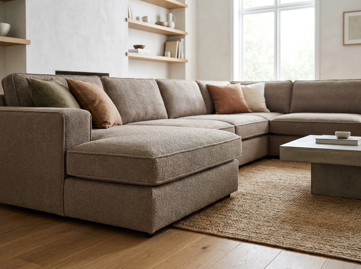 Canapé d'angle en bouclé taupe dans un salon scandinave avec parquet chêne et table basse en béton