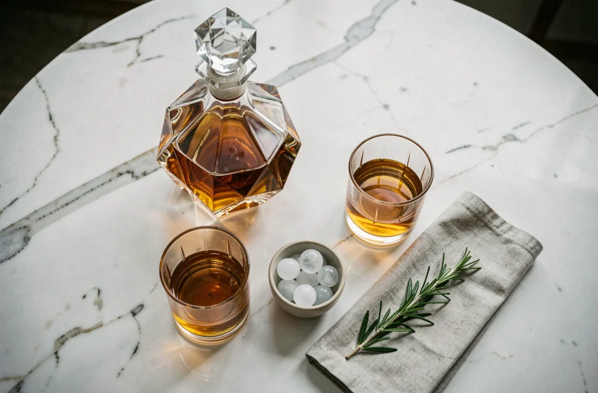 Vue aérienne d'une carafe à whisky en cristal avec verres et accessoires sur une table basse en marbre blanc style décoration intérieure