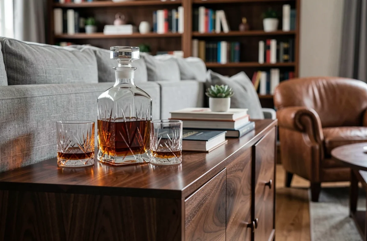 Carafe à whisky en cristal posée sur un buffet en noyer dans un salon élégant avec fauteuil en cuir et bibliothèque en arrière-plan