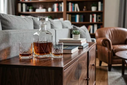 Carafe à whisky en cristal posée sur un buffet en noyer dans un salon élégant avec fauteuil en cuir et bibliothèque en arrière-plan