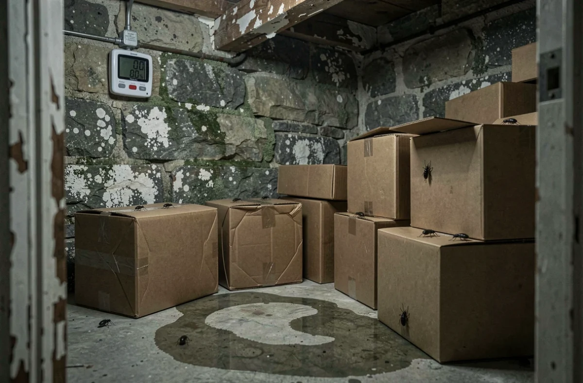Cave humide avec moisissures sur murs en pierre et petits insectes visibles sur des cartons abîmés par l'humidité