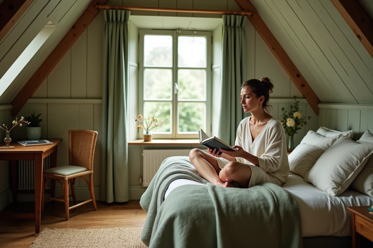 Femme lisant dans un coin chambre douillet d'une chaumière traditionnelle, avec literie en lin et laine, plafond en bois et fenêtre à petits carreaux