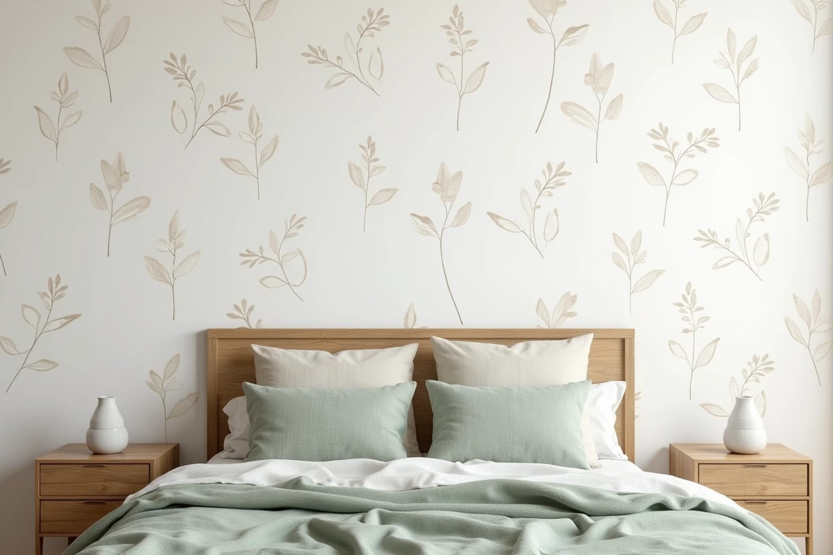 Chambre scandinave avec papier peint blanc botanique et literie en lin naturel, tendance déco 2026