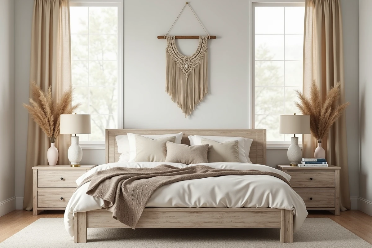 Chambre principale apaisante au style Magnolia 2026 avec tête de lit en bois blanchi, literie en tons neutres crème et décoration en macramé
