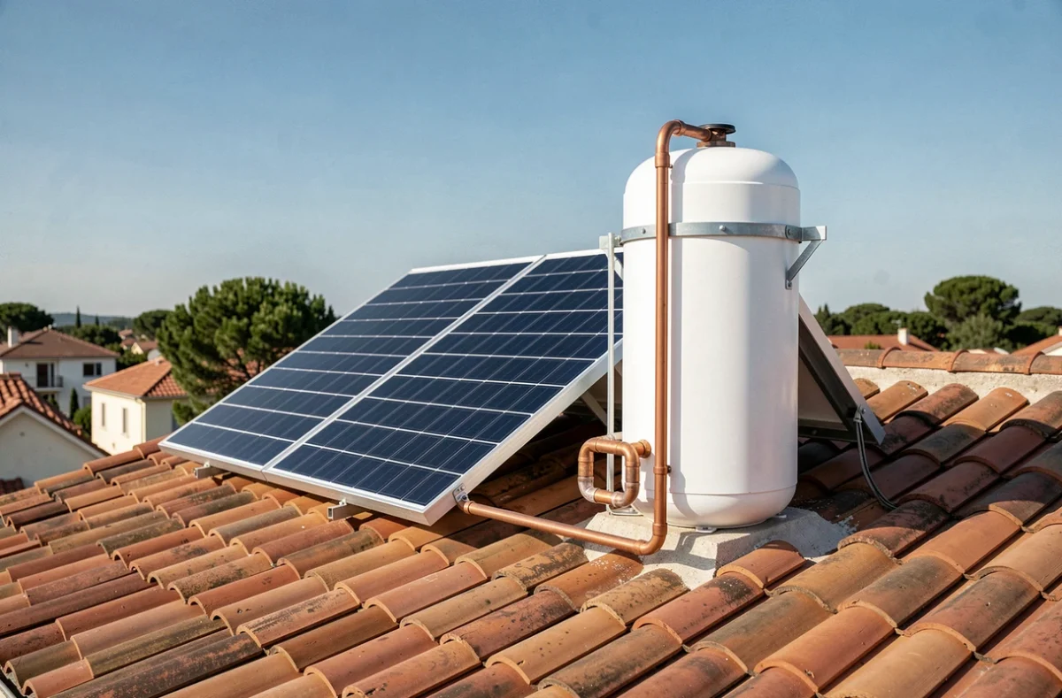 Chauffe-eau solaire 200 litres installé sur un toit en tuiles avec panneaux thermiques et ballon de stockage blanc