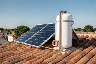 Chauffe-eau solaire 200 litres installé sur un toit en tuiles avec panneaux thermiques et ballon de stockage blanc